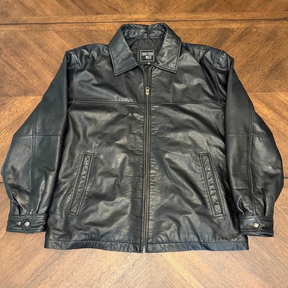 Junction West Mens Black Genuine Leather Jacket Quilted Lined Size L Full Zip